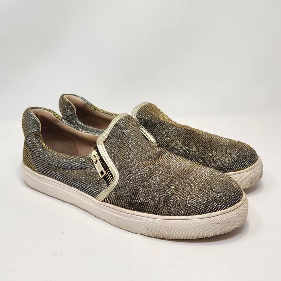 J Slides NYC Metallic Slip On Sneakers Size 9 Zipper Details Gold Silver Casual - Picture 1 of 9